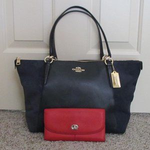 Coach Dark Blue Leather & Suede Tote Bag w/Free Coach Red Long Wallet